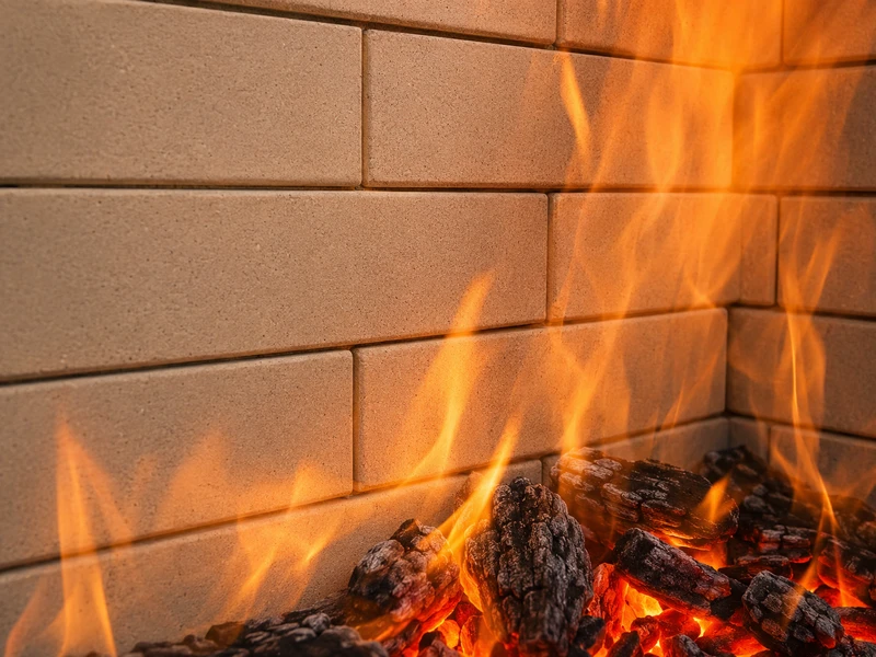 Fuego sobre ladrillo refractario en chimenea