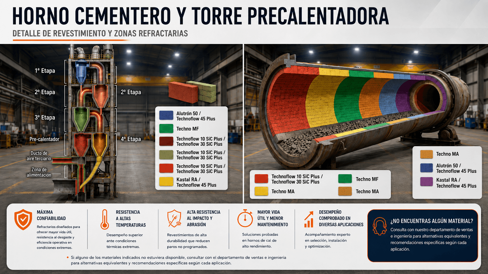 Horno cementero y torre precalentadora: detalle de revestimiento y zonas refractarias